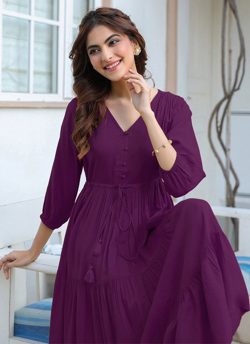 Purple Rayon Plain A-Line Midi Dress