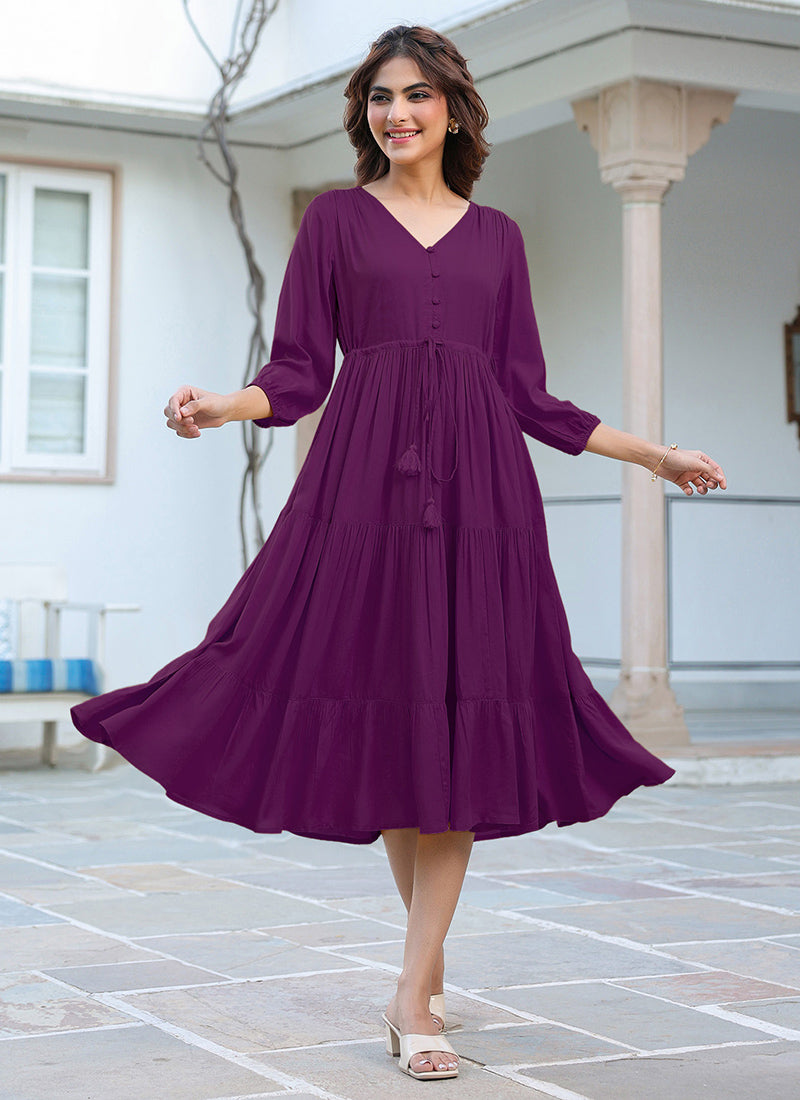 Purple Rayon Plain A-Line Midi Dress