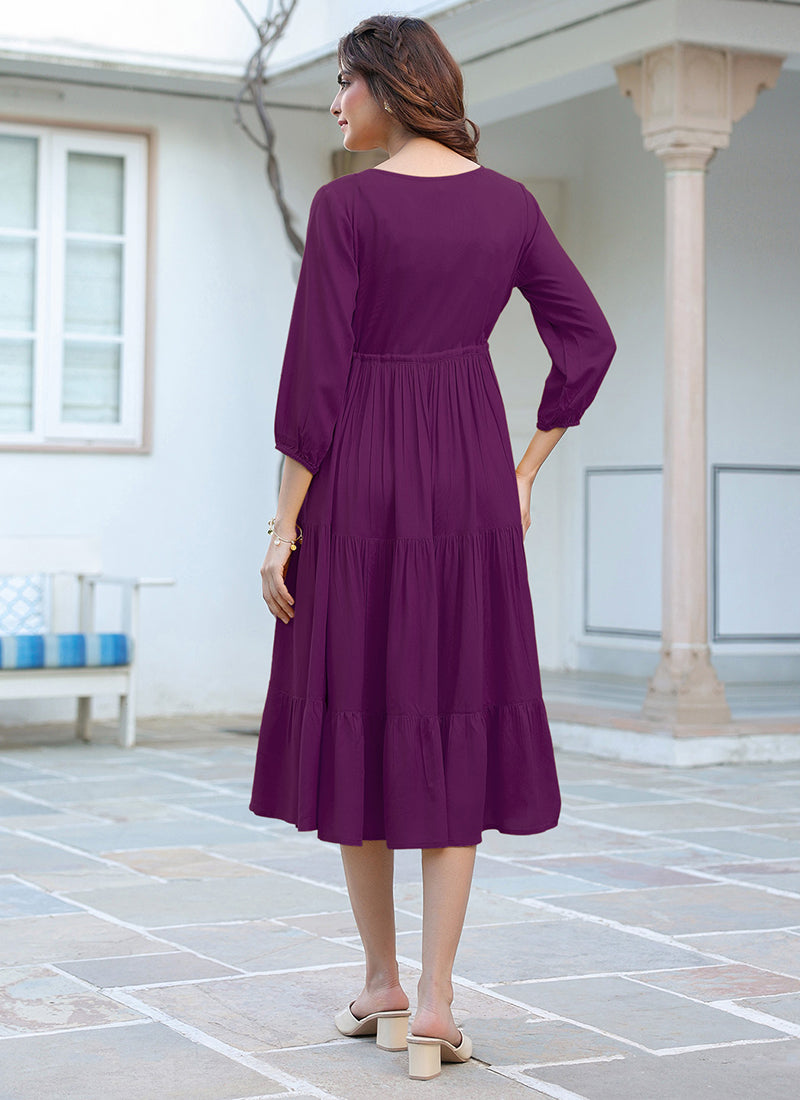 Purple Rayon Plain A-Line Midi Dress