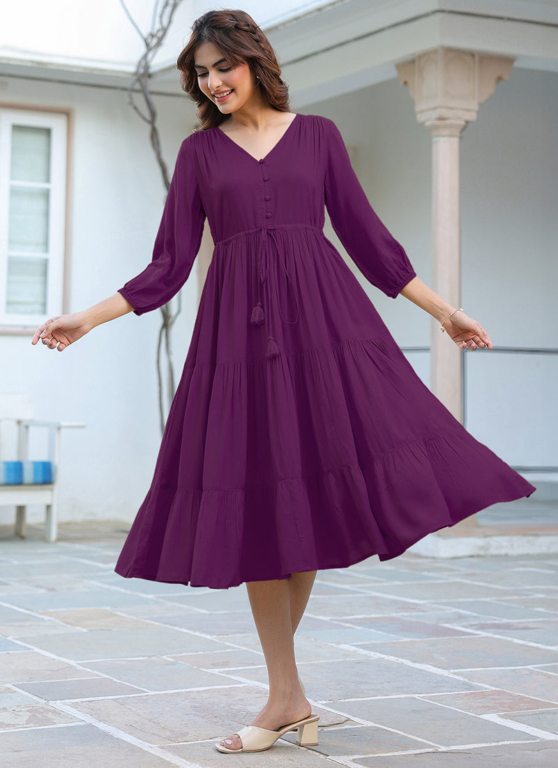 Purple Rayon Plain A-Line Midi Dress