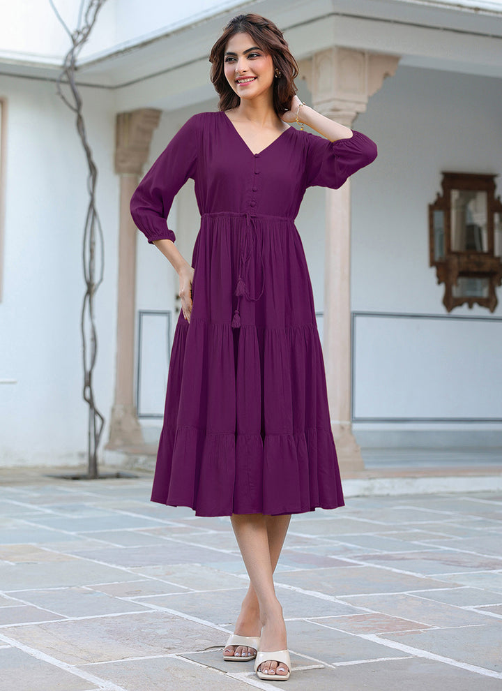 Purple Rayon Plain A-Line Midi Dress