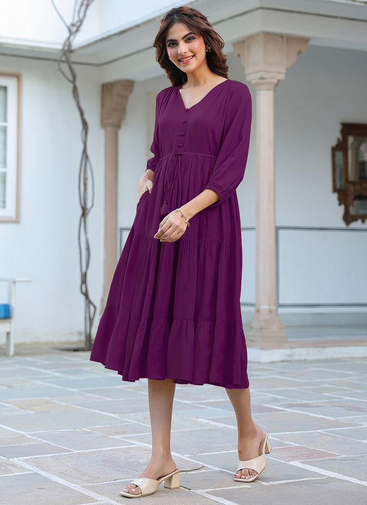 Purple Rayon Plain A-Line Midi Dress