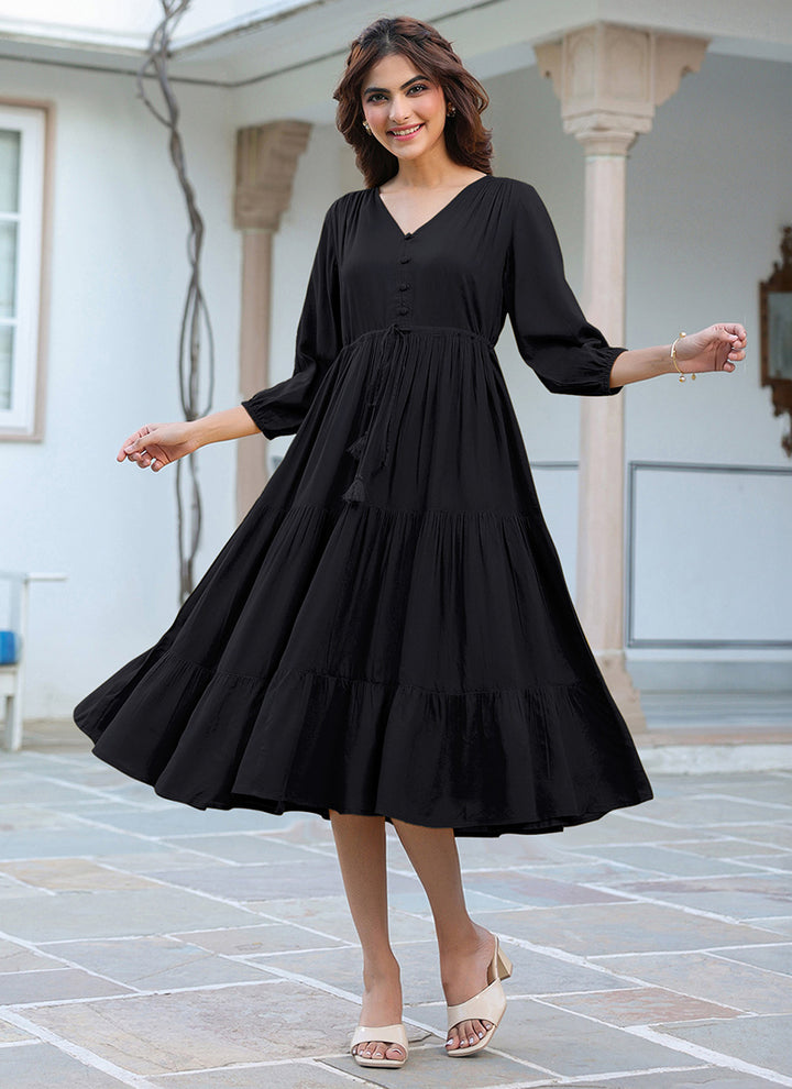 Black Rayon Plain A-Line Midi Dress