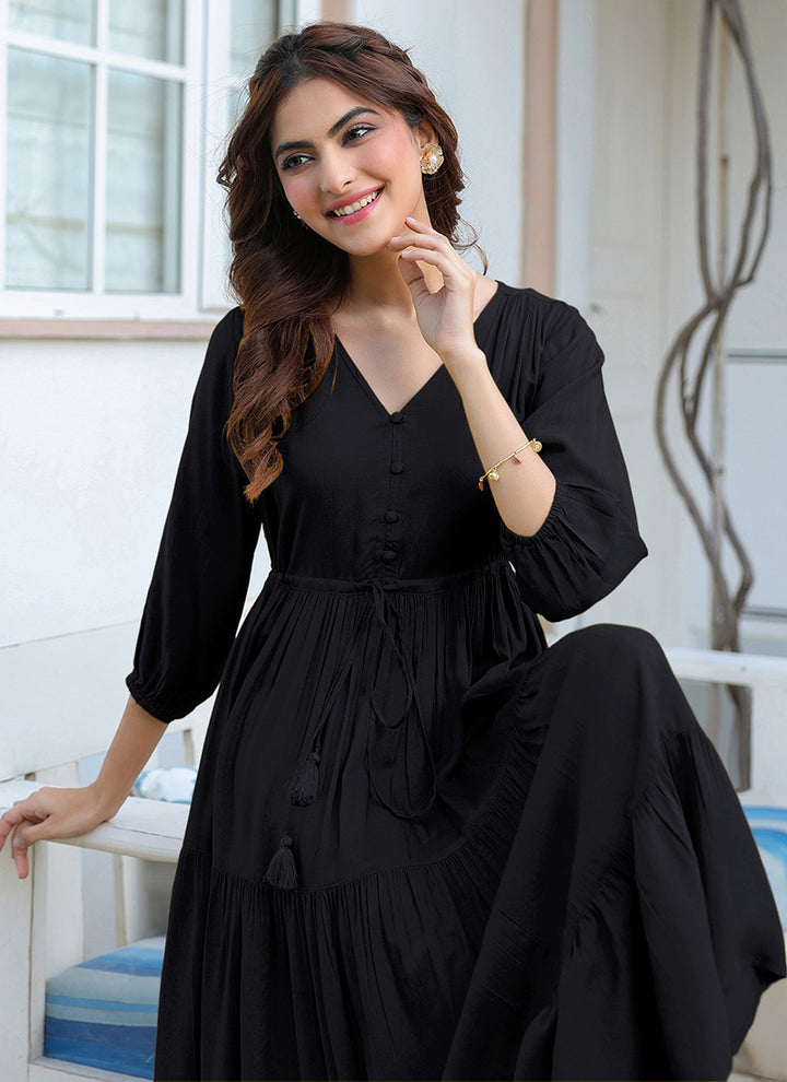 Black Rayon Plain A-Line Midi Dress