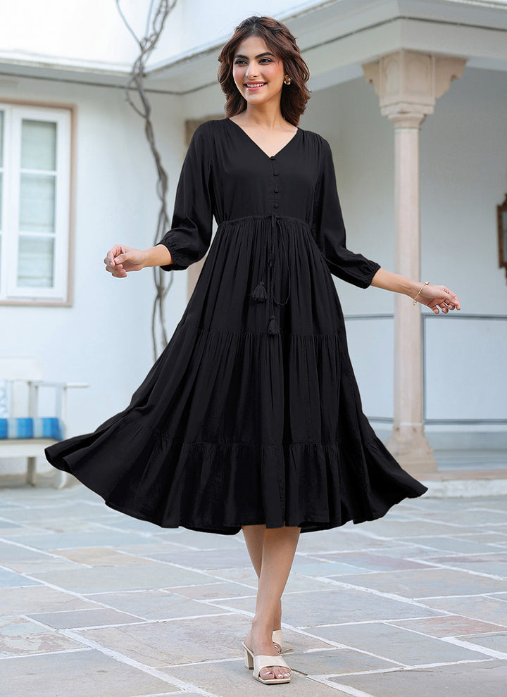 Black Rayon Plain A-Line Midi Dress