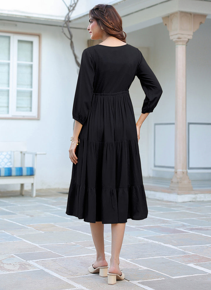 Black Rayon Plain A-Line Midi Dress