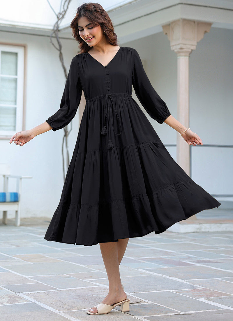 Black Rayon Plain A-Line Midi Dress