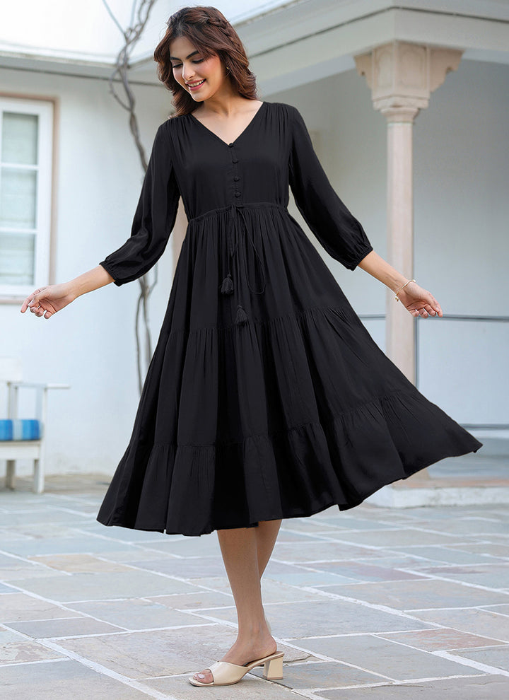 Black Rayon Plain A-Line Midi Dress