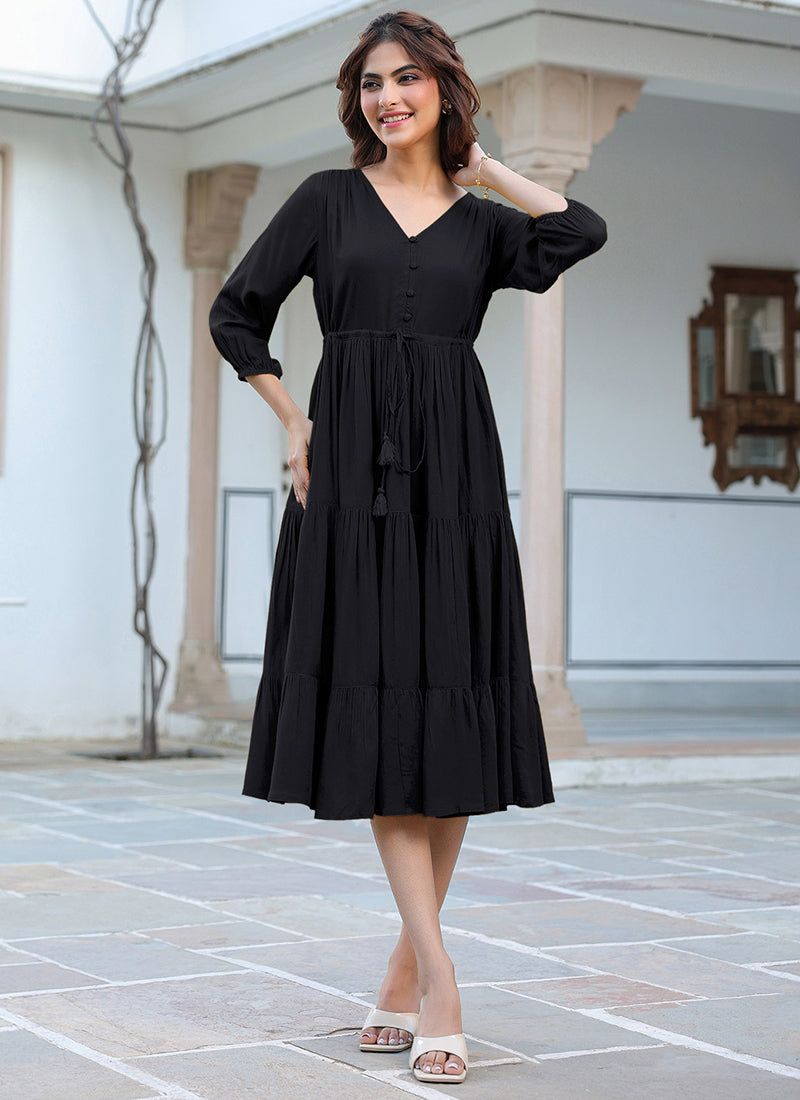 Black Rayon Plain A-Line Midi Dress