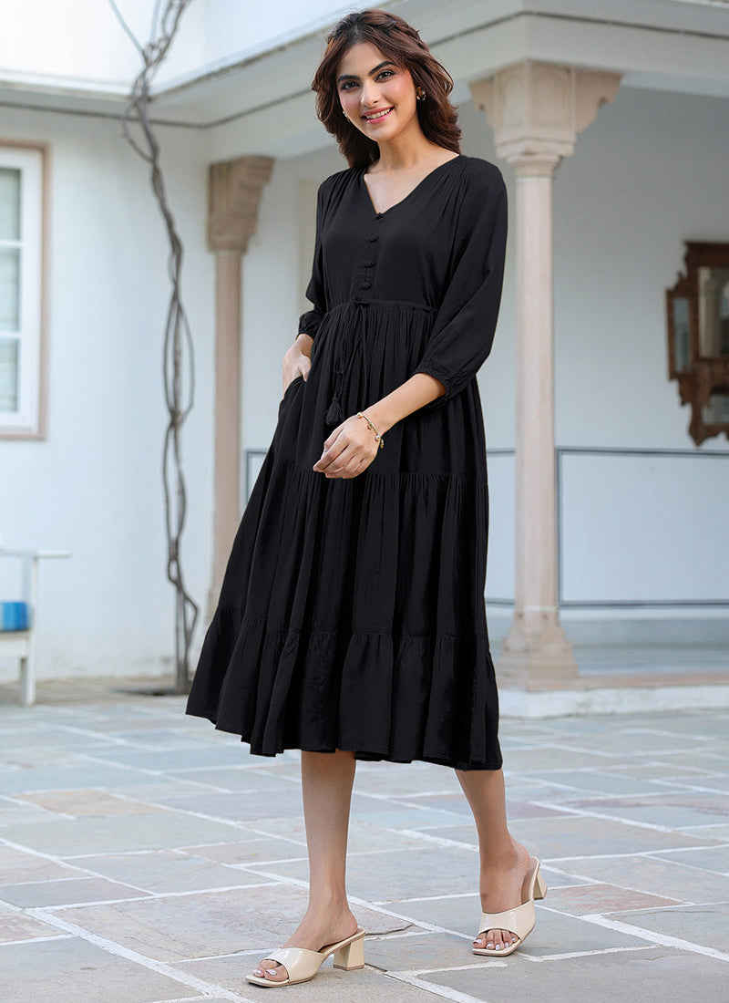 Black Rayon Plain A-Line Midi Dress