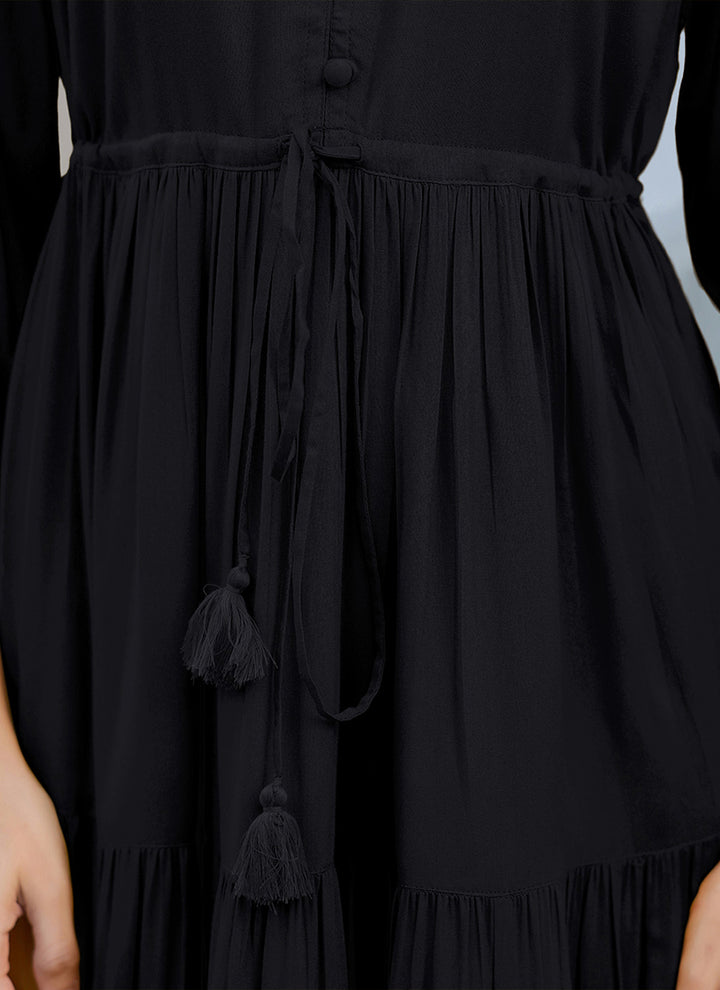 Black Rayon Plain A-Line Midi Dress