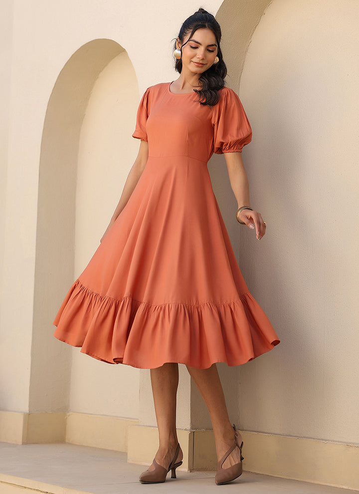Orange Rayon Plain A-Line Midi Dress