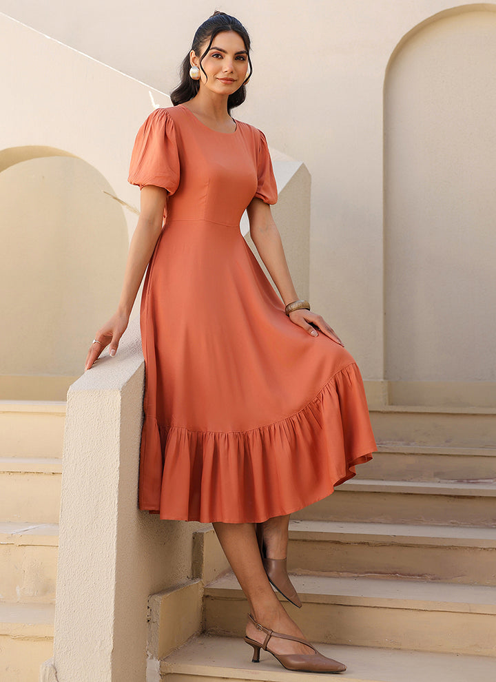 Orange Rayon Plain A-Line Midi Dress