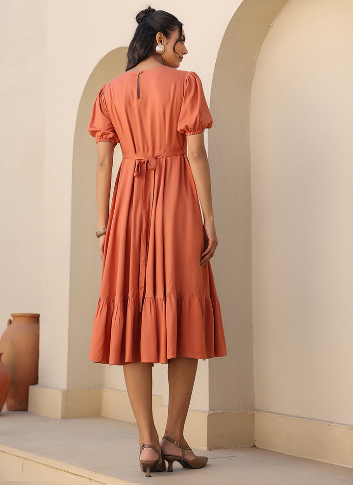 Orange Rayon Plain A-Line Midi Dress