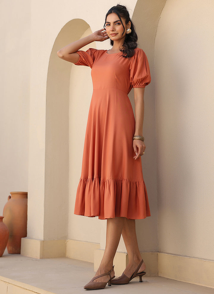 Orange Rayon Plain A-Line Midi Dress