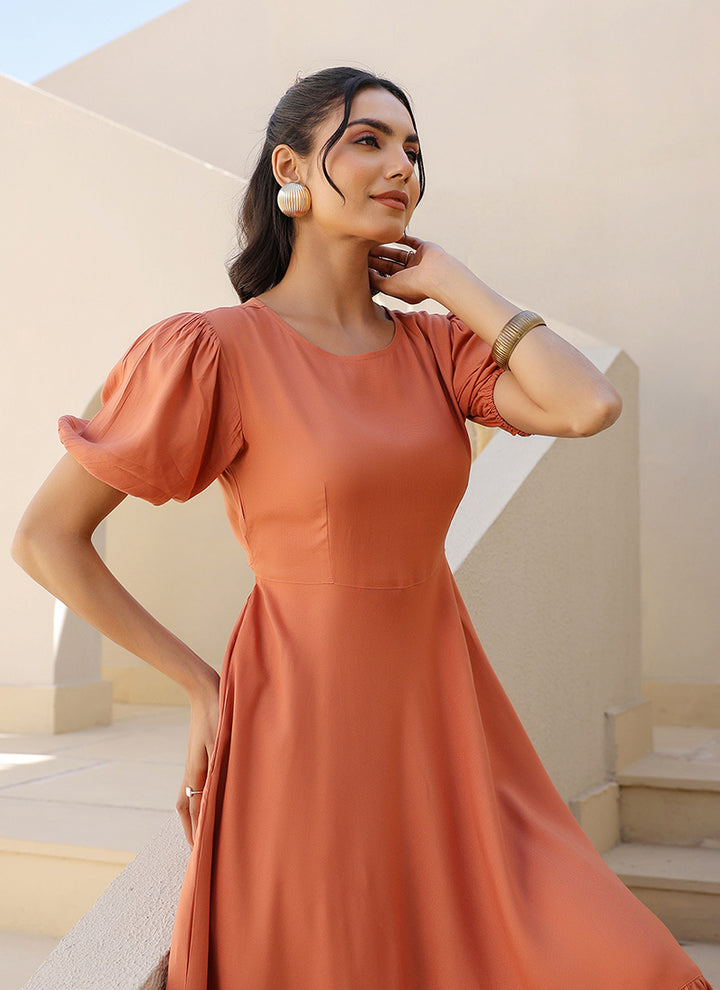 Orange Rayon Plain A-Line Midi Dress