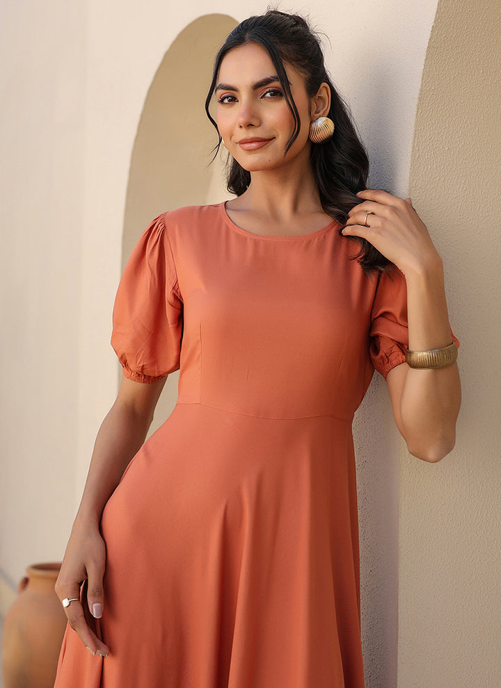 Orange Rayon Plain A-Line Midi Dress