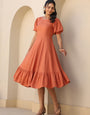Orange Rayon Plain A-Line Midi Dress