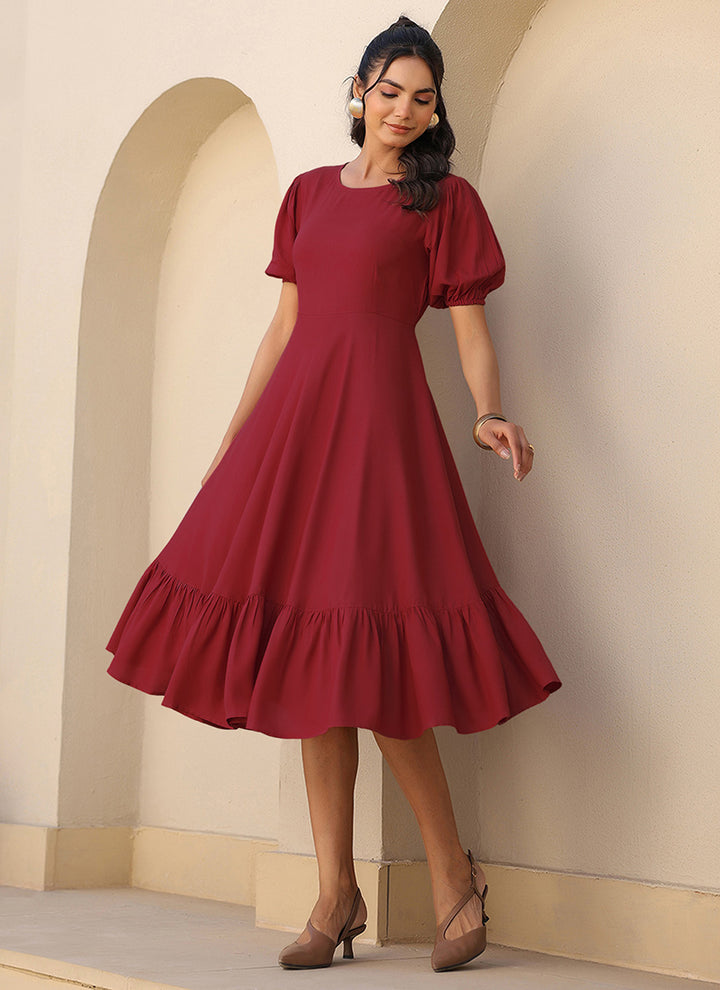 Maroon Rayon Plain A-Line Midi Dress