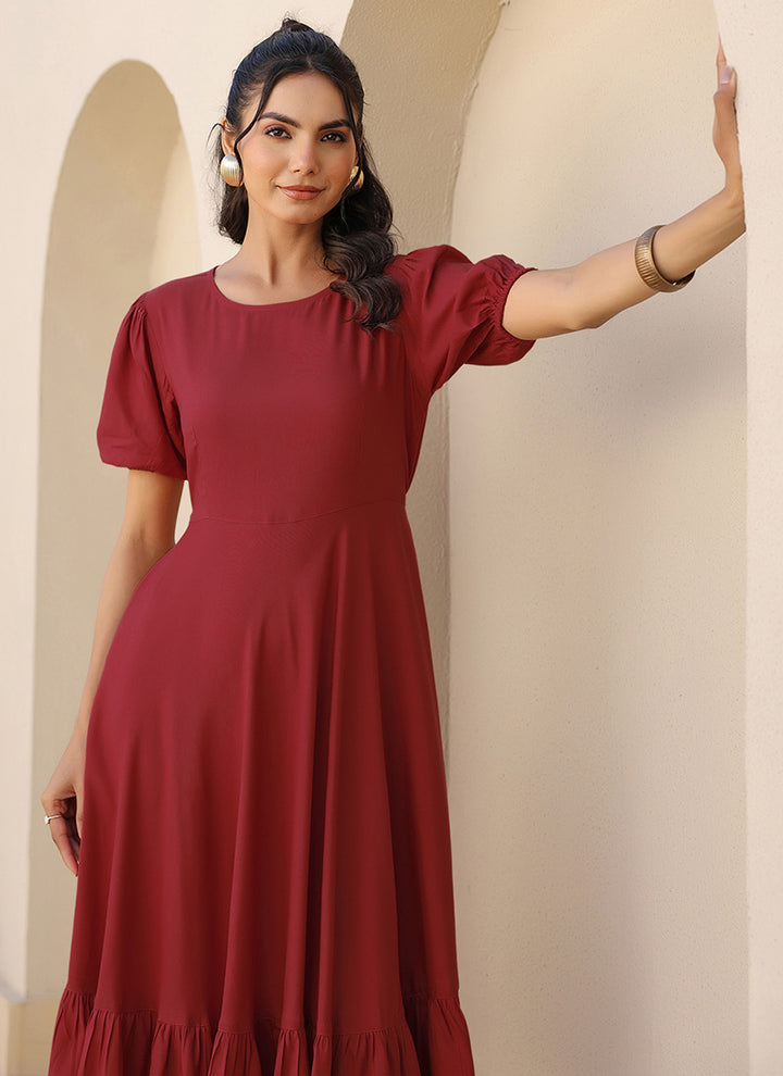 Maroon Rayon Plain A-Line Midi Dress