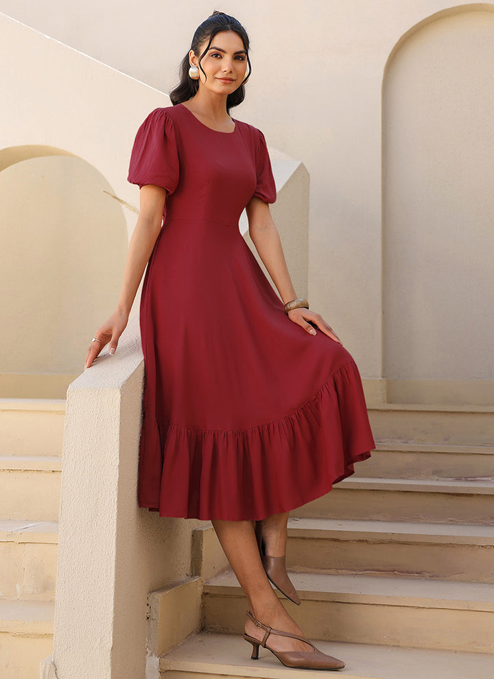 Maroon Rayon Plain A-Line Midi Dress