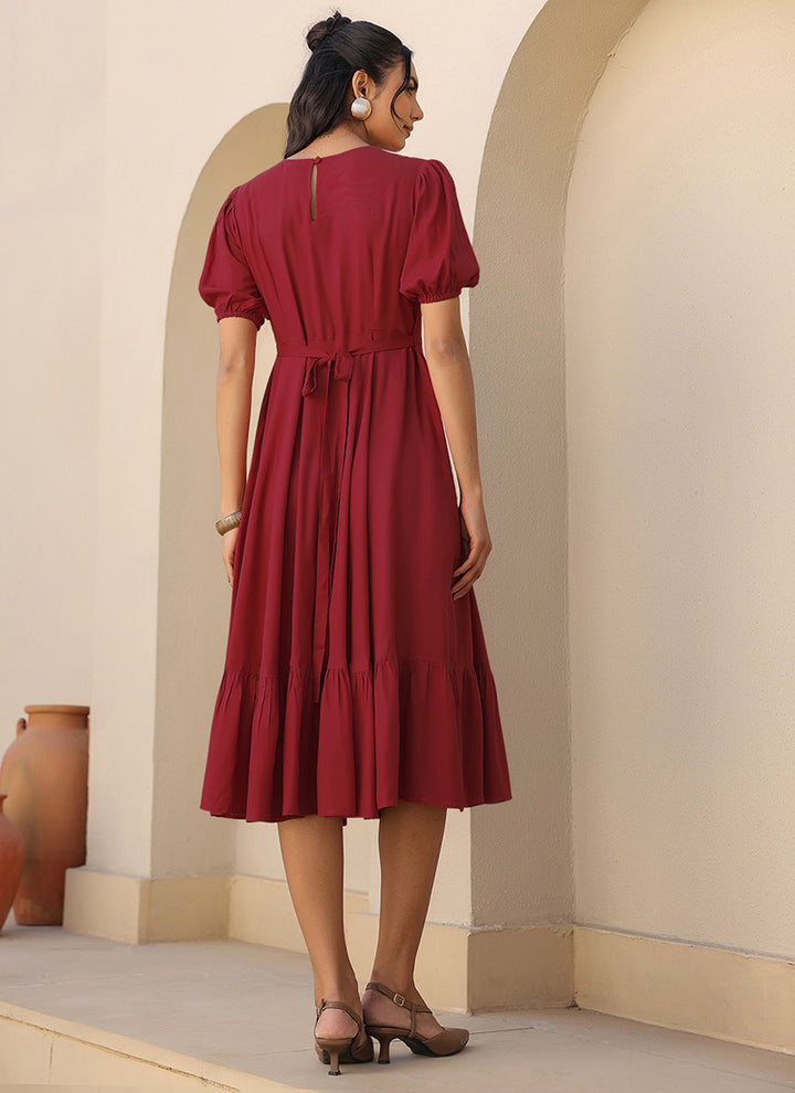 Maroon Rayon Plain A-Line Midi Dress