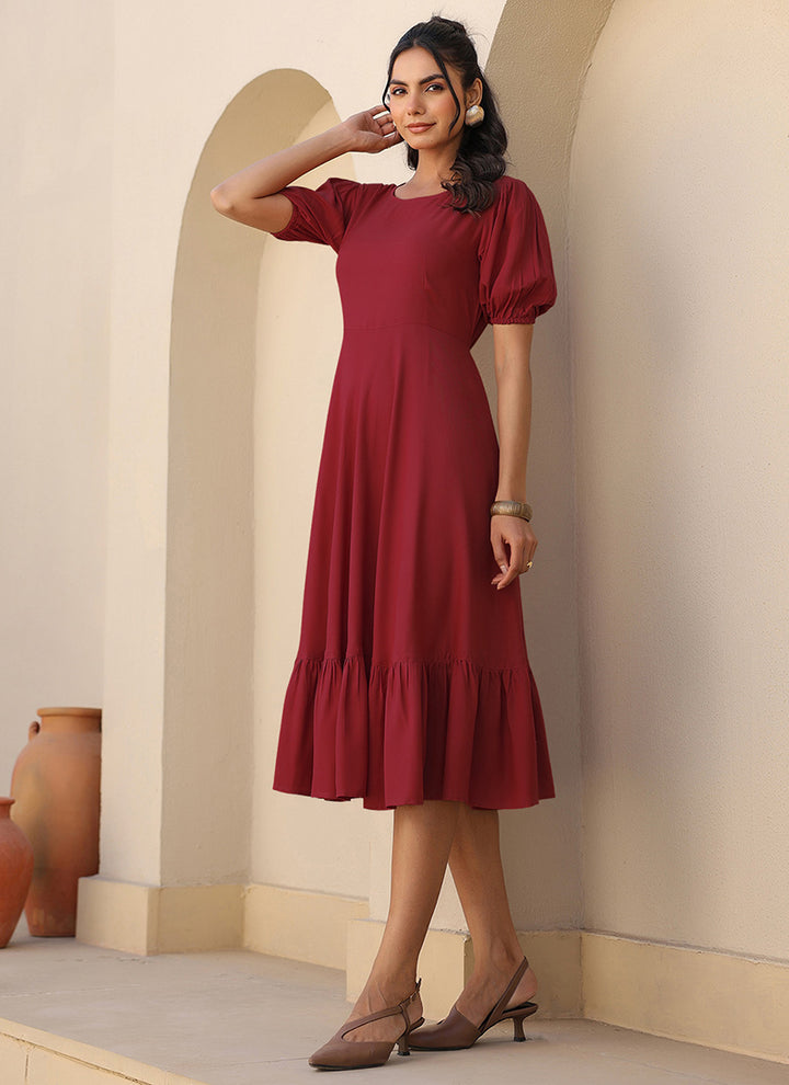 Maroon Rayon Plain A-Line Midi Dress
