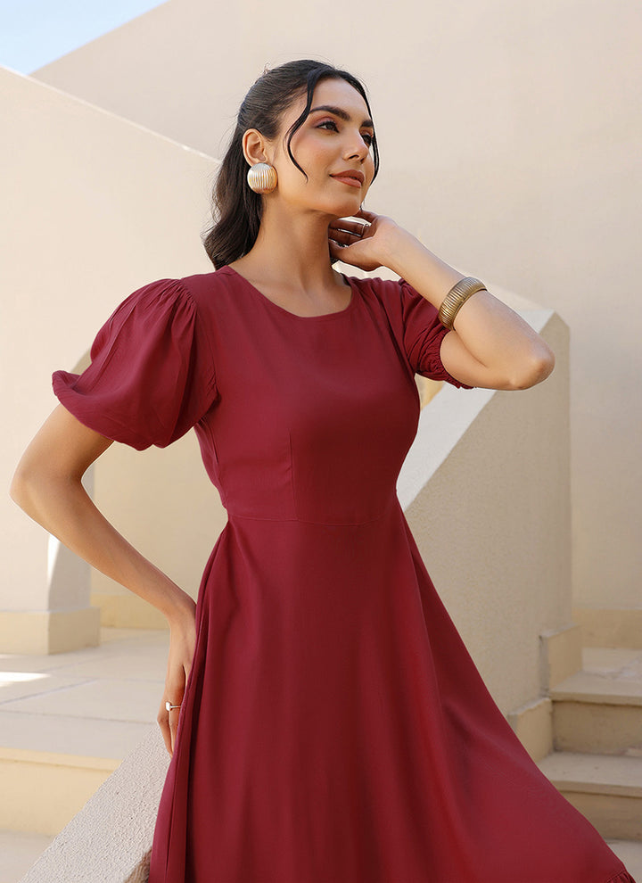 Maroon Rayon Plain A-Line Midi Dress