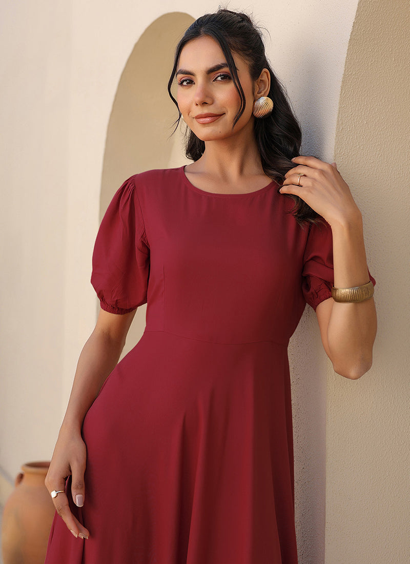 Maroon Rayon Plain A-Line Midi Dress