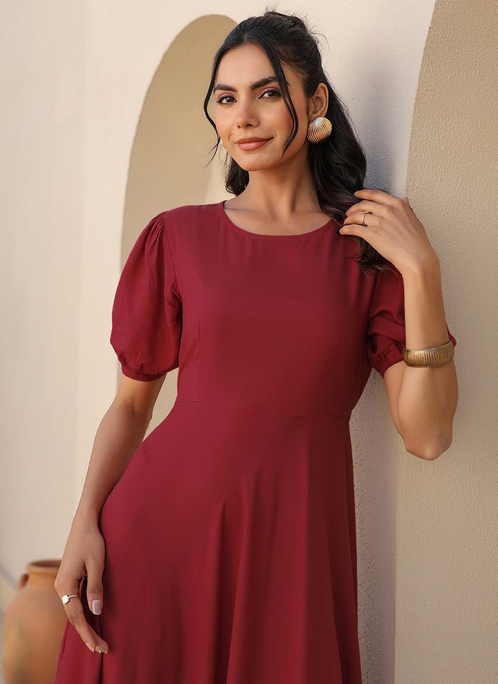 Maroon Rayon Plain A-Line Midi Dress