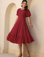 Maroon Rayon Plain A-Line Midi Dress