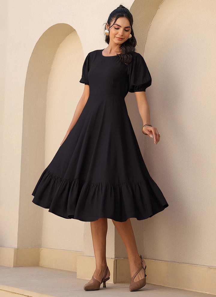 Black Rayon Plain A-Line One Piece Midi Dress