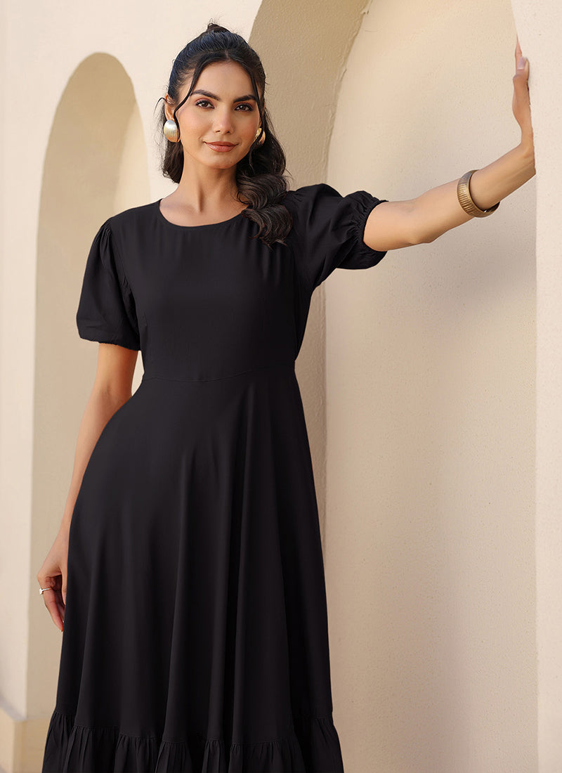 Black Rayon Plain A-Line One Piece Midi Dress