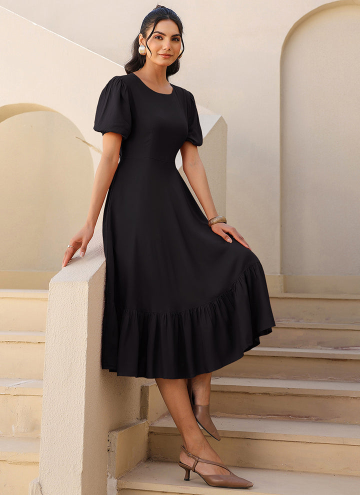 Black Rayon Plain A-Line One Piece Midi Dress