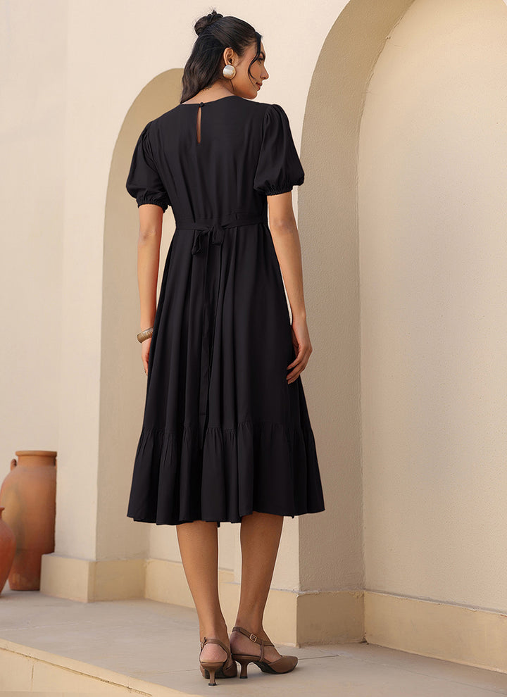 Black Rayon Plain A-Line One Piece Midi Dress