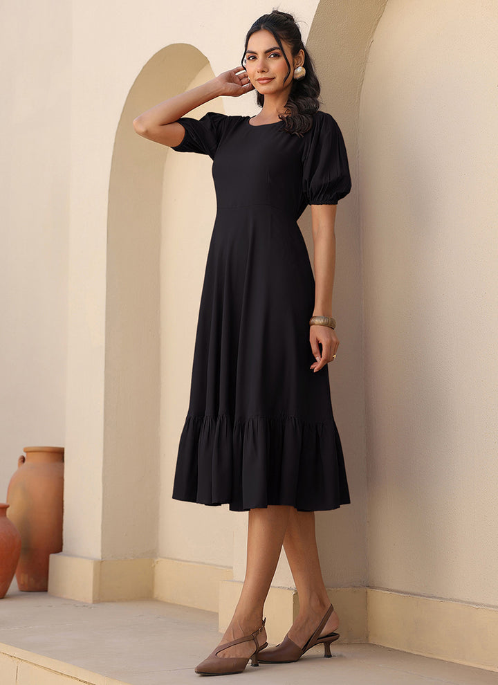 Black Rayon Plain A-Line One Piece Midi Dress