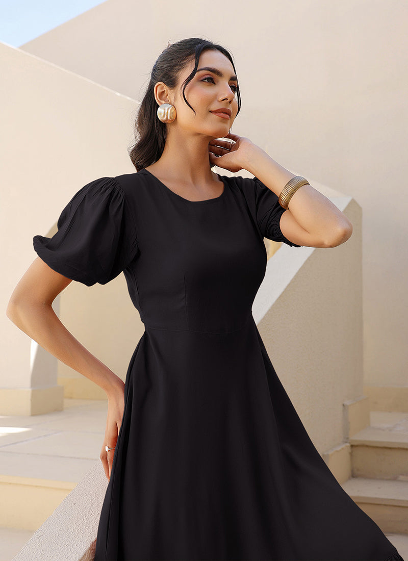Black Rayon Plain A-Line One Piece Midi Dress