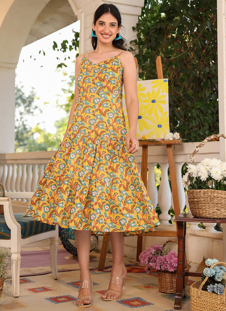 Mustard Cotton Floral Printed A-Line Midi Dress