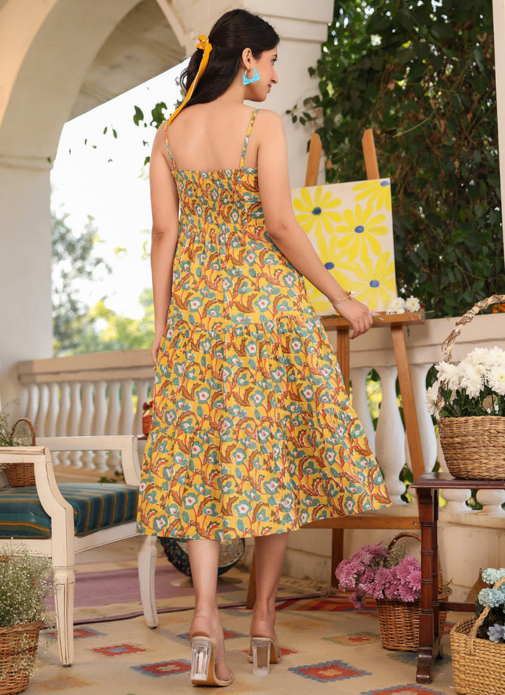 Mustard Cotton Floral Printed A-Line Midi Dress