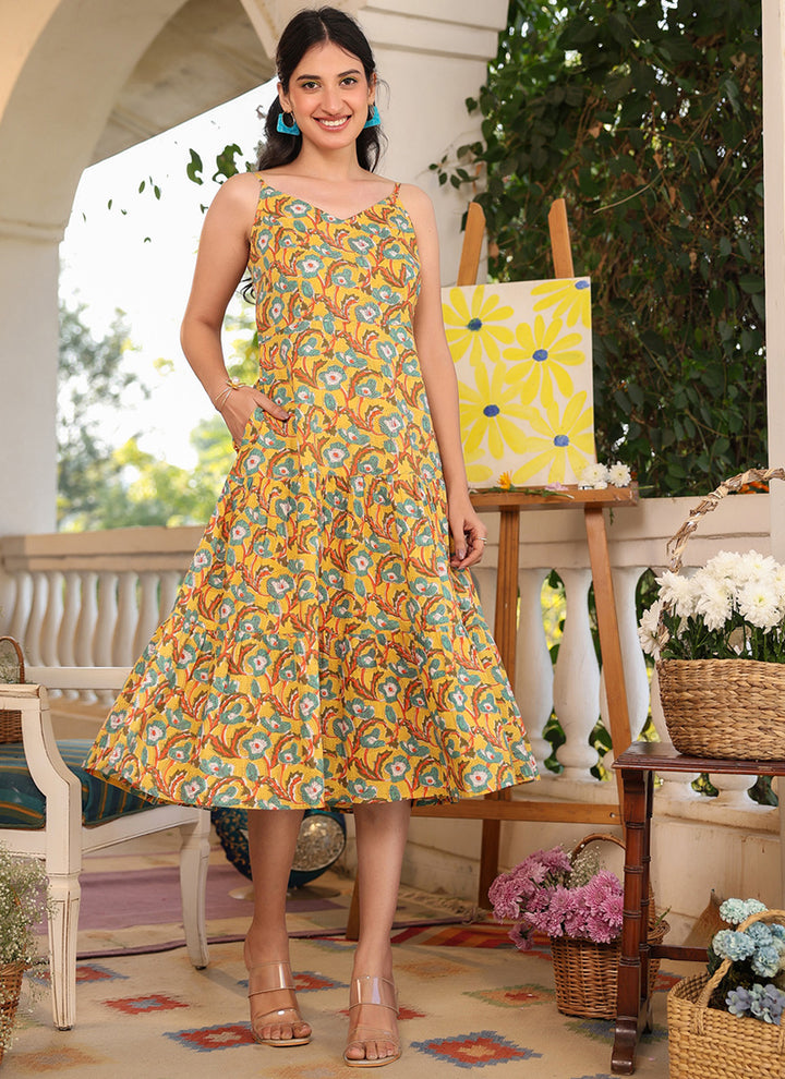 Mustard Cotton Floral Printed A-Line Midi Dress