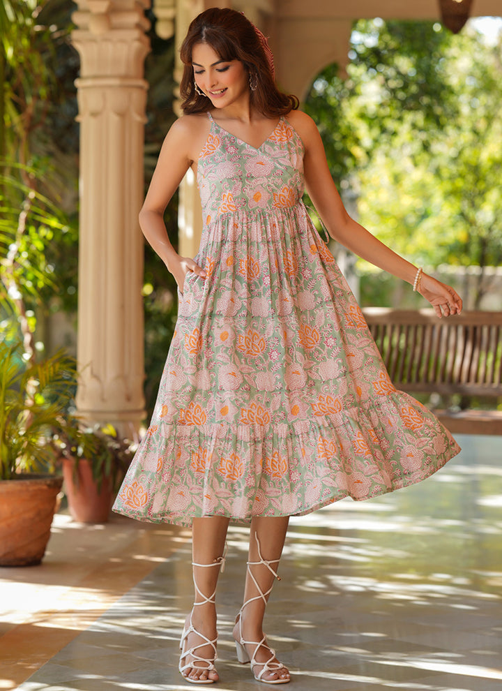 Multicolor Pure Cotton Floral Printed Flair Midi Dress