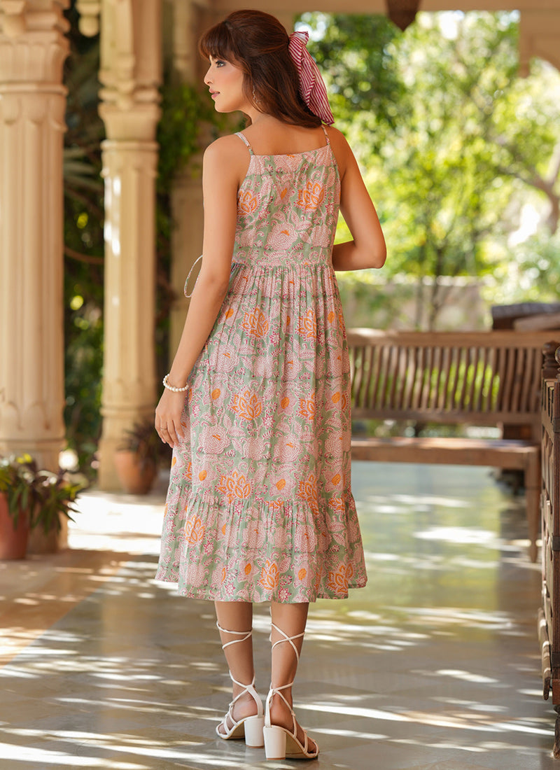 Multicolor Pure Cotton Floral Printed Flair Midi Dress