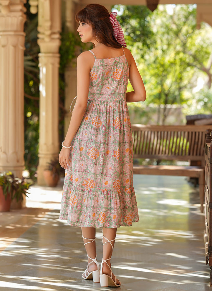 Multicolor Pure Cotton Floral Printed Flair Midi Dress