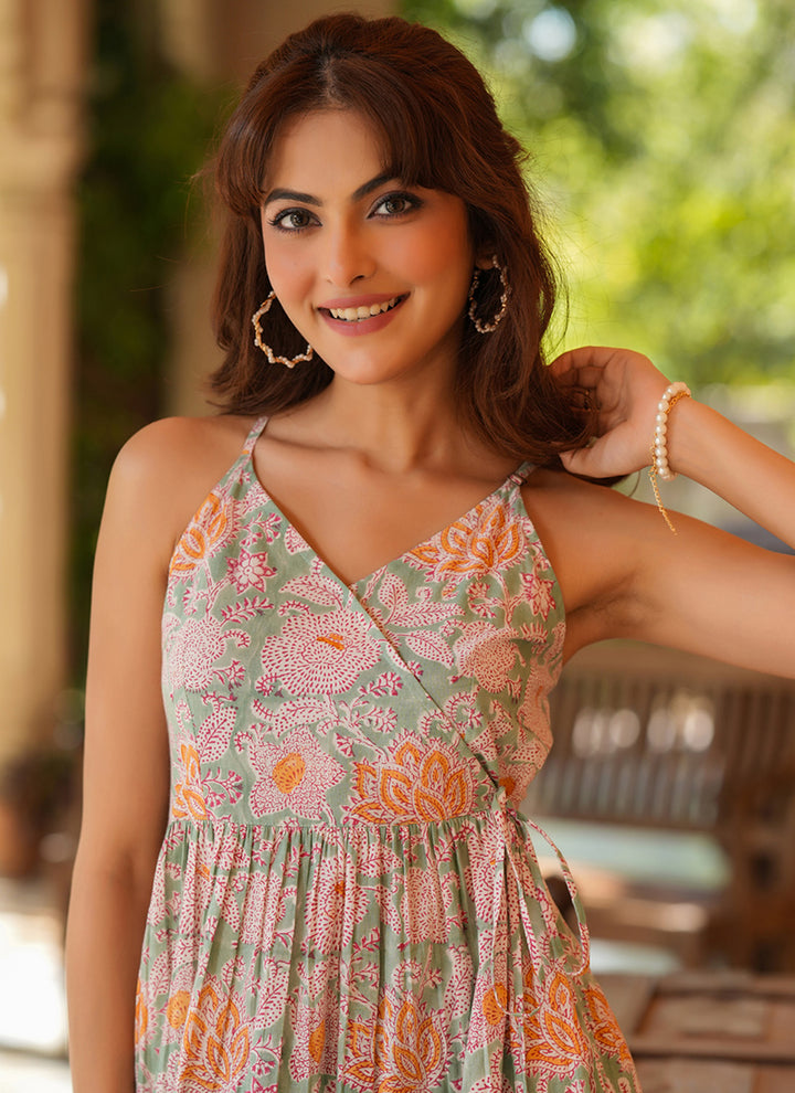 Multicolor Pure Cotton Floral Printed Flair Midi Dress