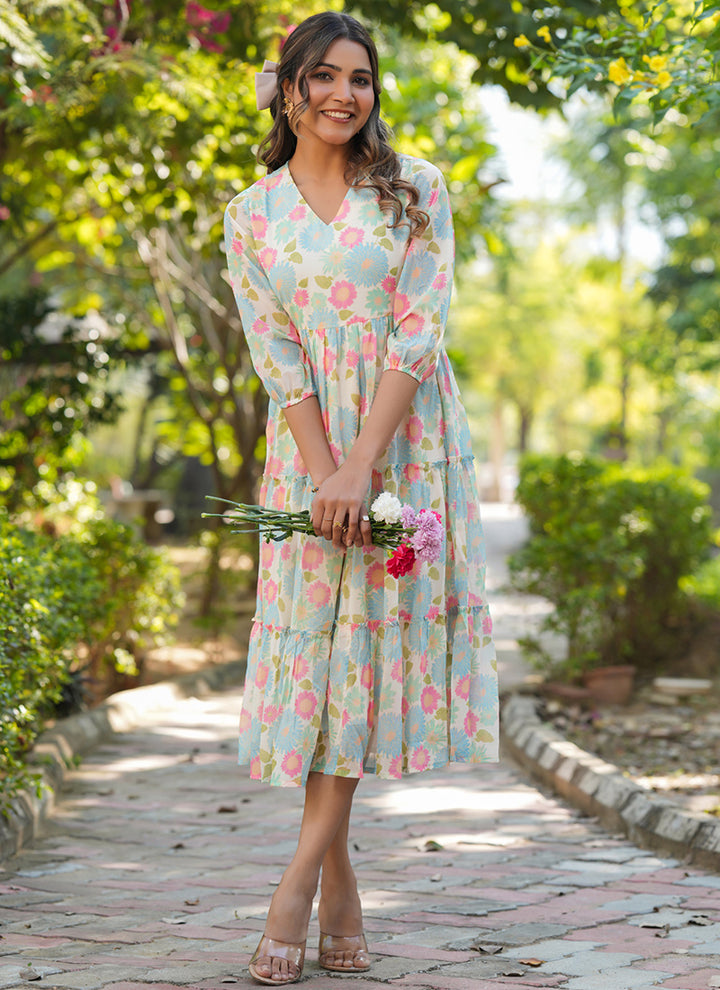 Cream Flower Printed Georgette Flair Midi Dress