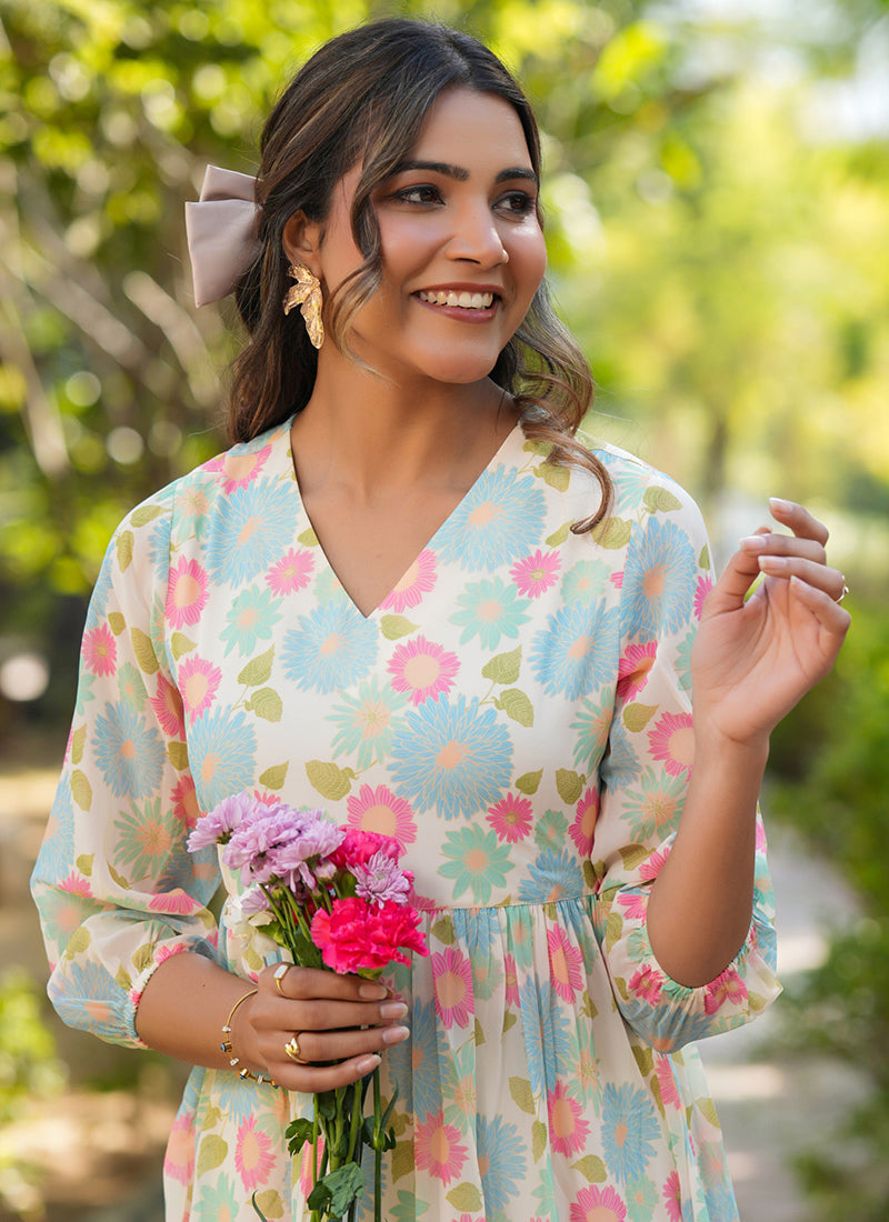 Cream Flower Printed Georgette Flair Midi Dress