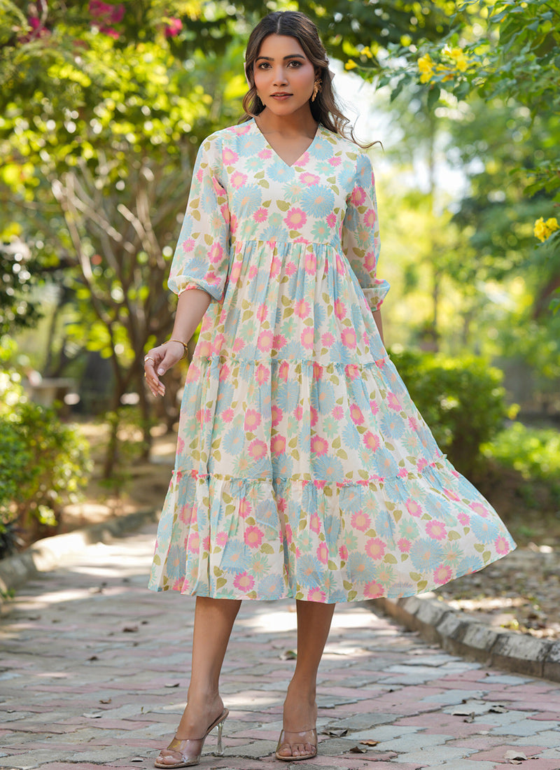 Cream Flower Printed Georgette Flair Midi Dress