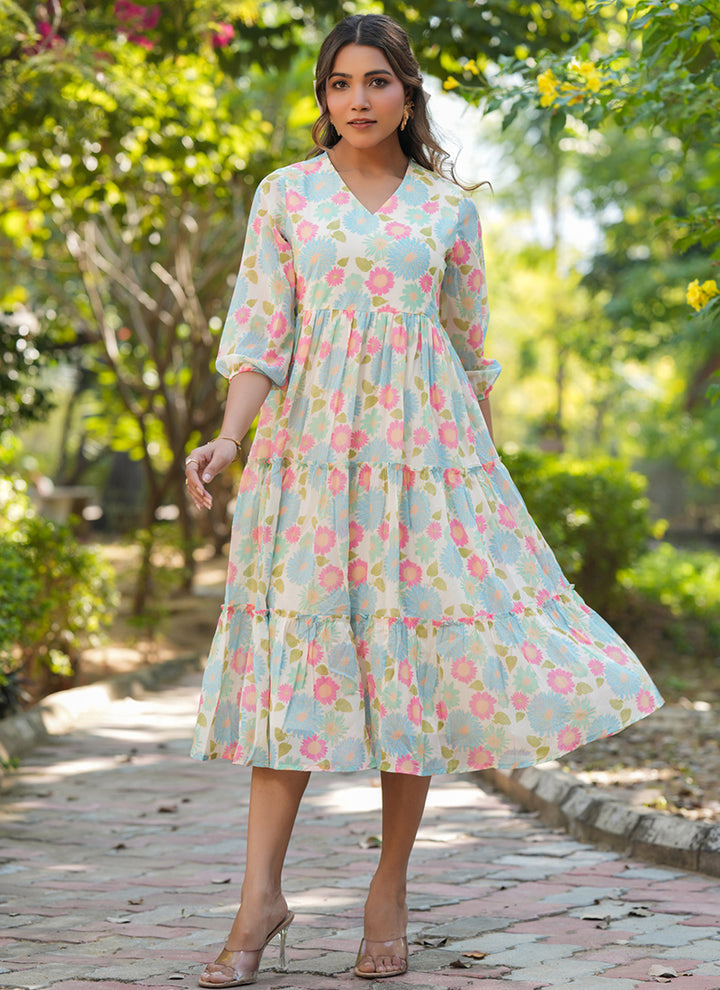 Cream Flower Printed Georgette Flair Midi Dress
