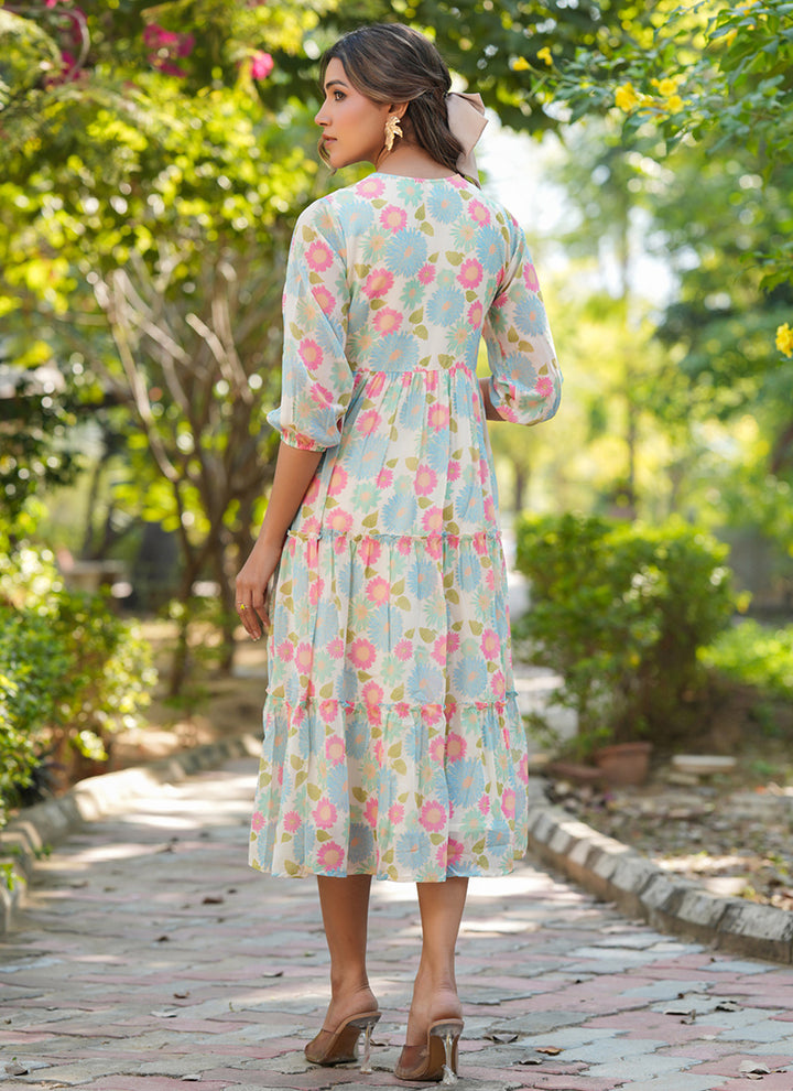 Cream Flower Printed Georgette Flair Midi Dress