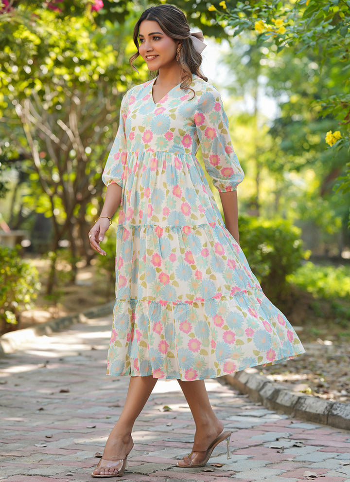 Cream Flower Printed Georgette Flair Midi Dress